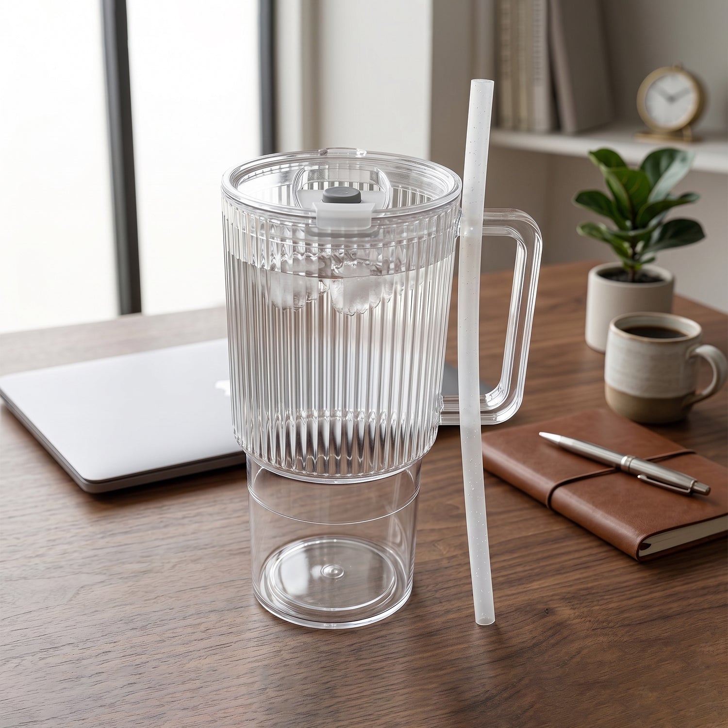 Kids Wukusy 900ml tumbler with handle, lid, and straw, ribbed water sipper cup for children, 1 piece