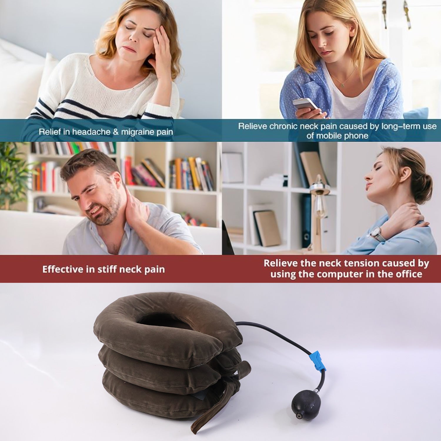 Wukusy 3-layer inflatable cervical neck traction support collar showing the adjustable collar inflated and deflated for neck relief.