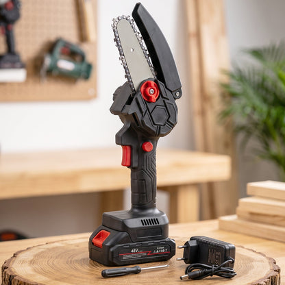 Wukusy mini electric cordless chainsaw with 48V battery showing a compact wood cutting tool with battery and chain in a natural setting