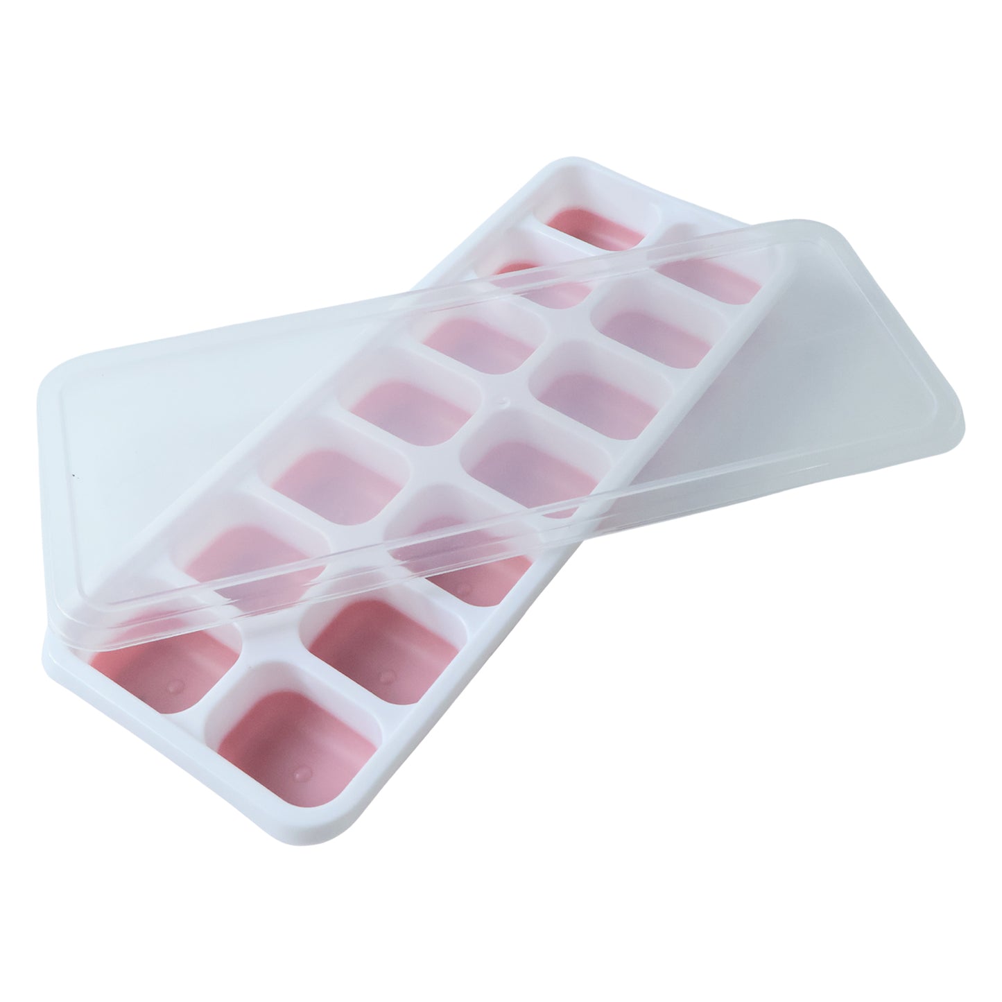 Pink Wukusy plastic ice cube tray with lid, 14-grid multipurpose design for making ice cubes and small frozen treats.