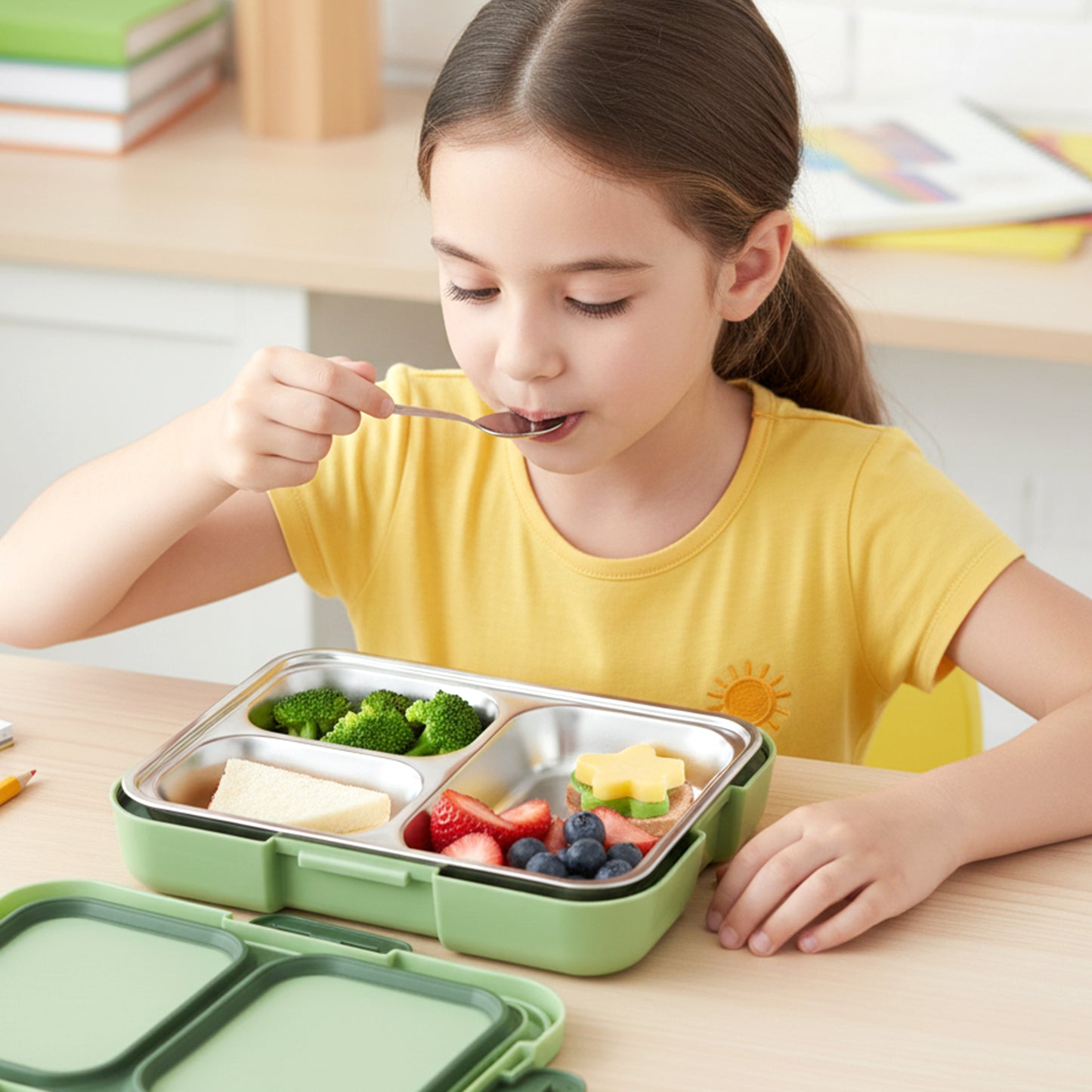 Stainless steel 3-compartment lunch box by Wukusy, featuring multiple sections for organized meal storage.