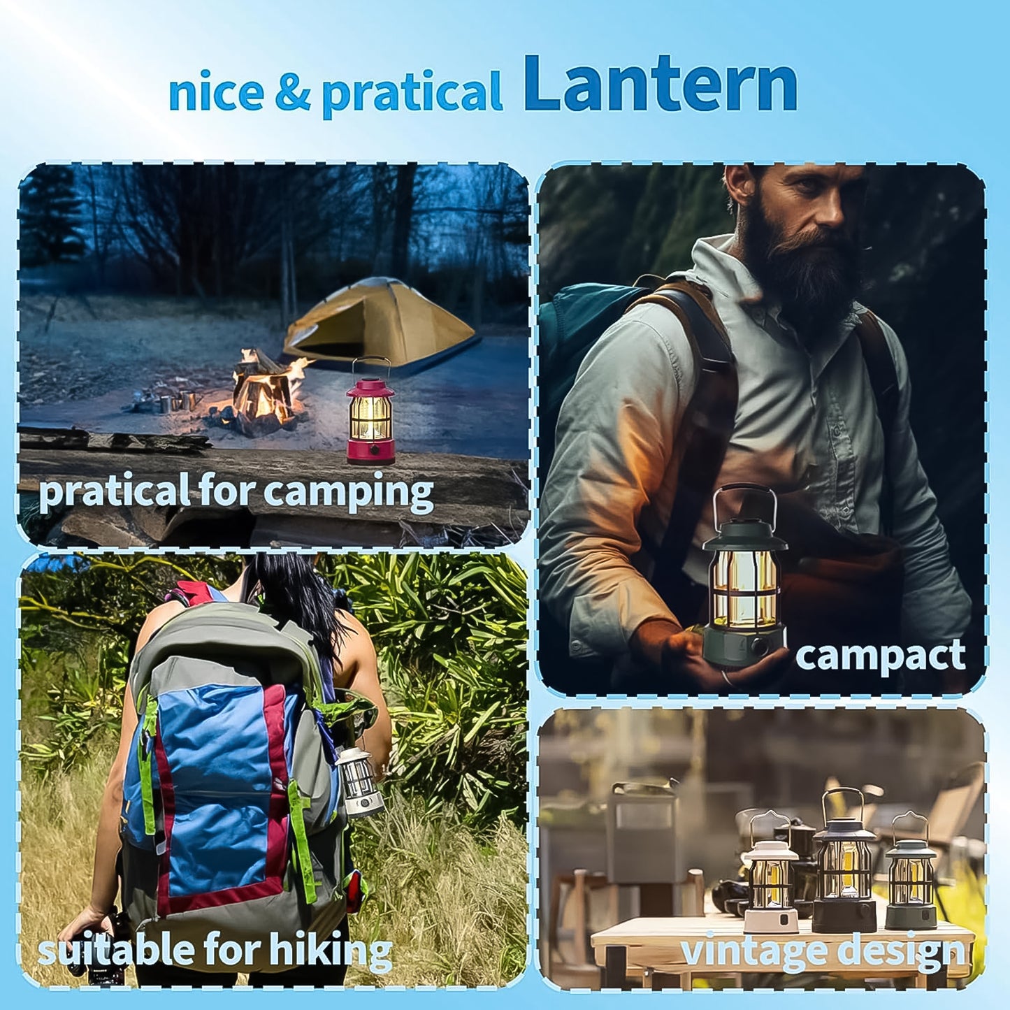 Wukusy LED camping light with retro design, rechargeable battery, portable travel lighting, battery type-C charging, single unit