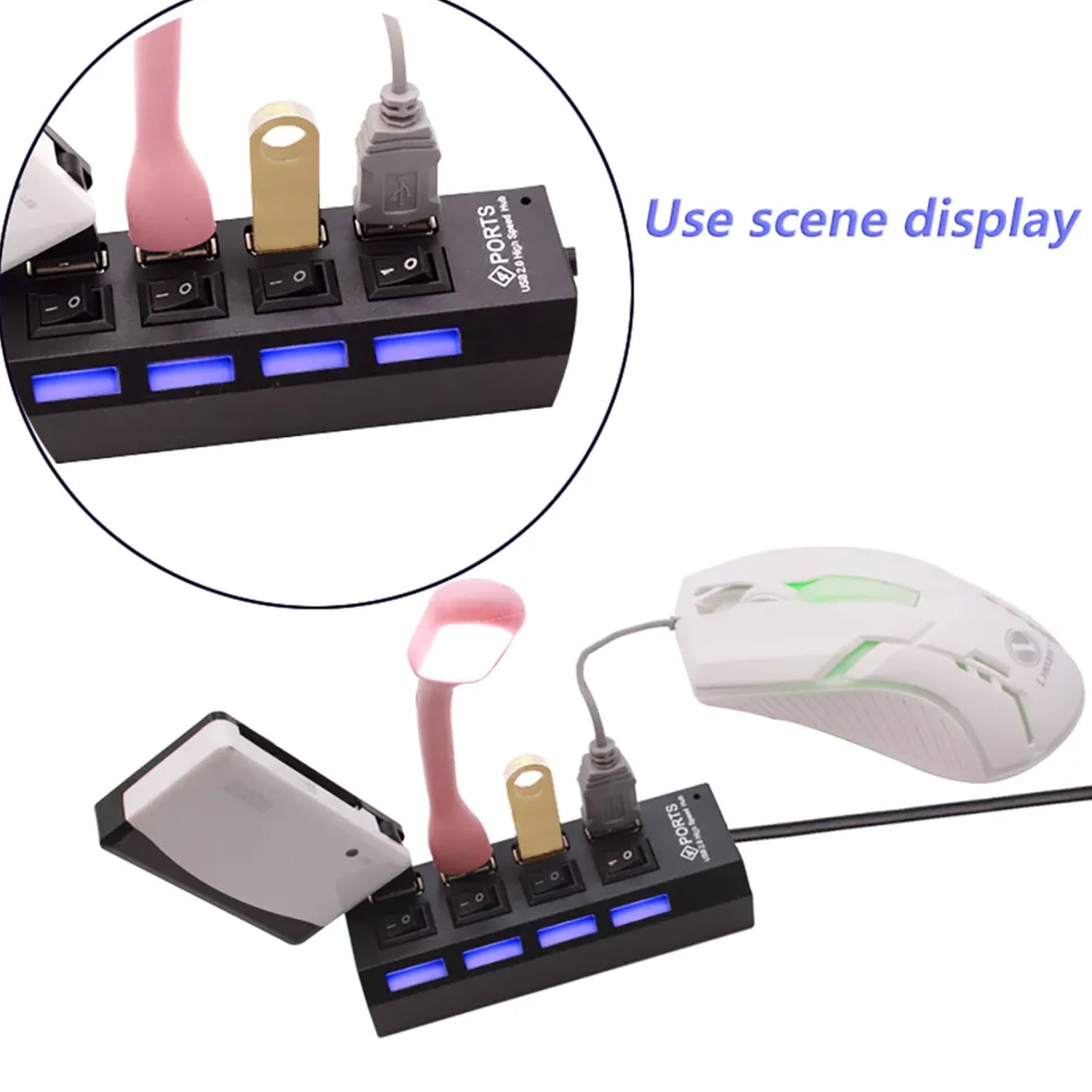 Wukusy 4-port USB 2.0 hub splitter with on/off switch and LED indicator, compatible with tablets, laptops, and computers.