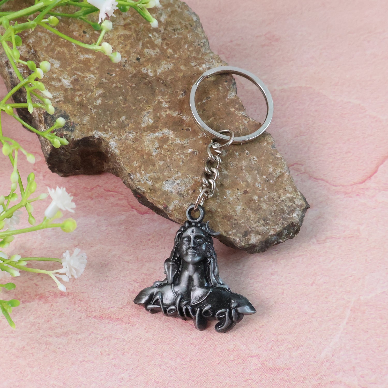 Wukusy Adiyogi Shiva face metal keychain with intricate sculpture design, featuring detailed Hindu deity face on a compact accessory