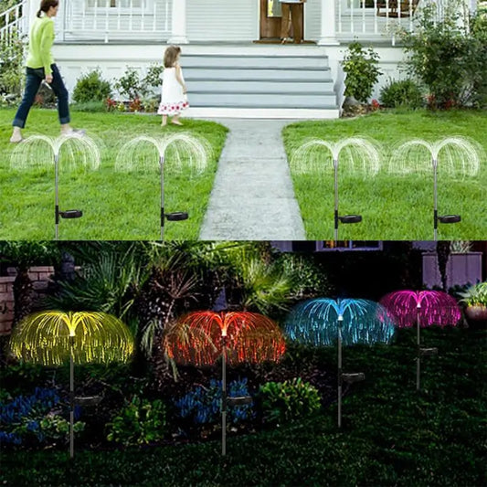 Ekom 2-pack garden solar outdoor lights with colorful RGB flower jellyfish design, waterproof decorative lights for yard and patio.