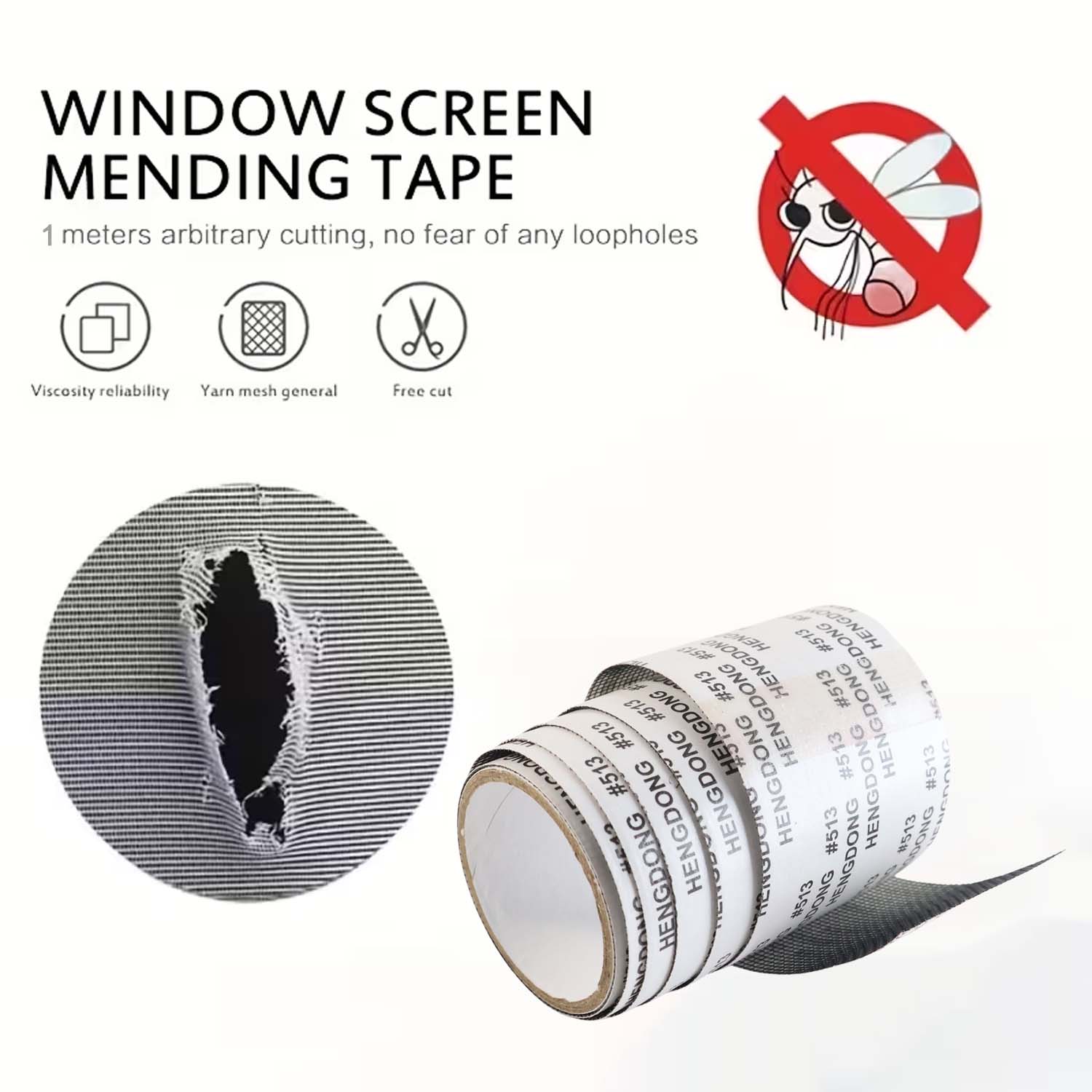 Wukusy self-adhesive window screen repair mesh tape, 5cm x 1m, for home improvement, showing black mesh tape applied to window.