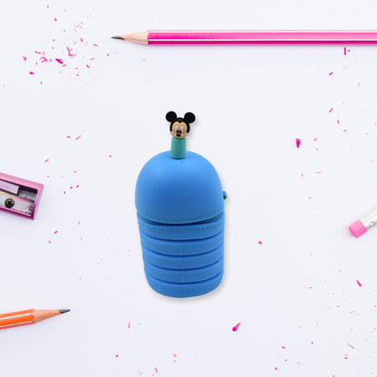 Pink silicone telescopic pencil case with zipper closure, large capacity, suitable for school, home, or office use.