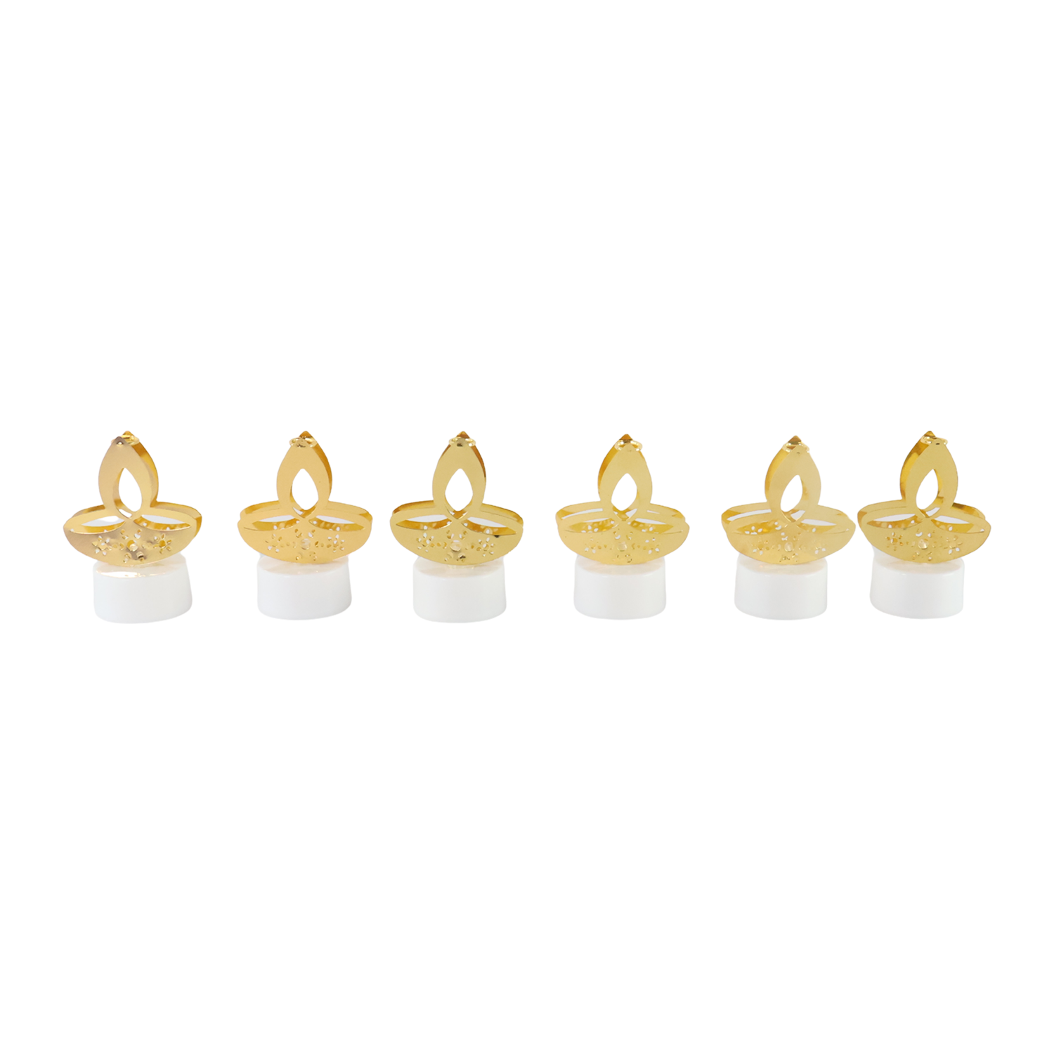 Six golden diya-shaped LED tealight candles arranged in a decorative display for home decor by Wukusy.