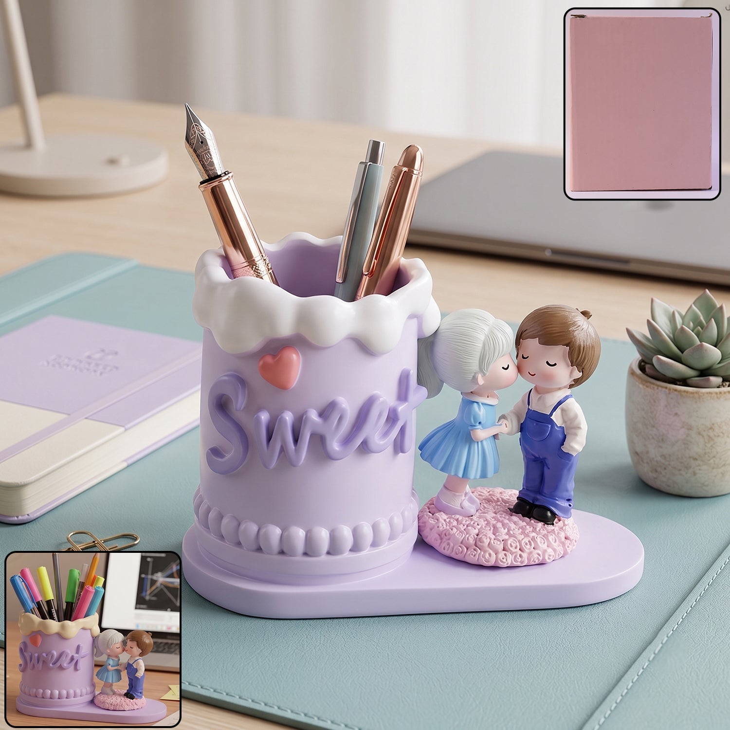 Wukusy sweet couple resin pen holder stand, cute desk organizer with pencil cup for office or study use