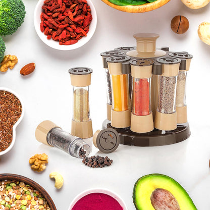 Wukusy 360 revolving spice rack with 8 spice jars, ideal for kitchen and dining table storage and organization.