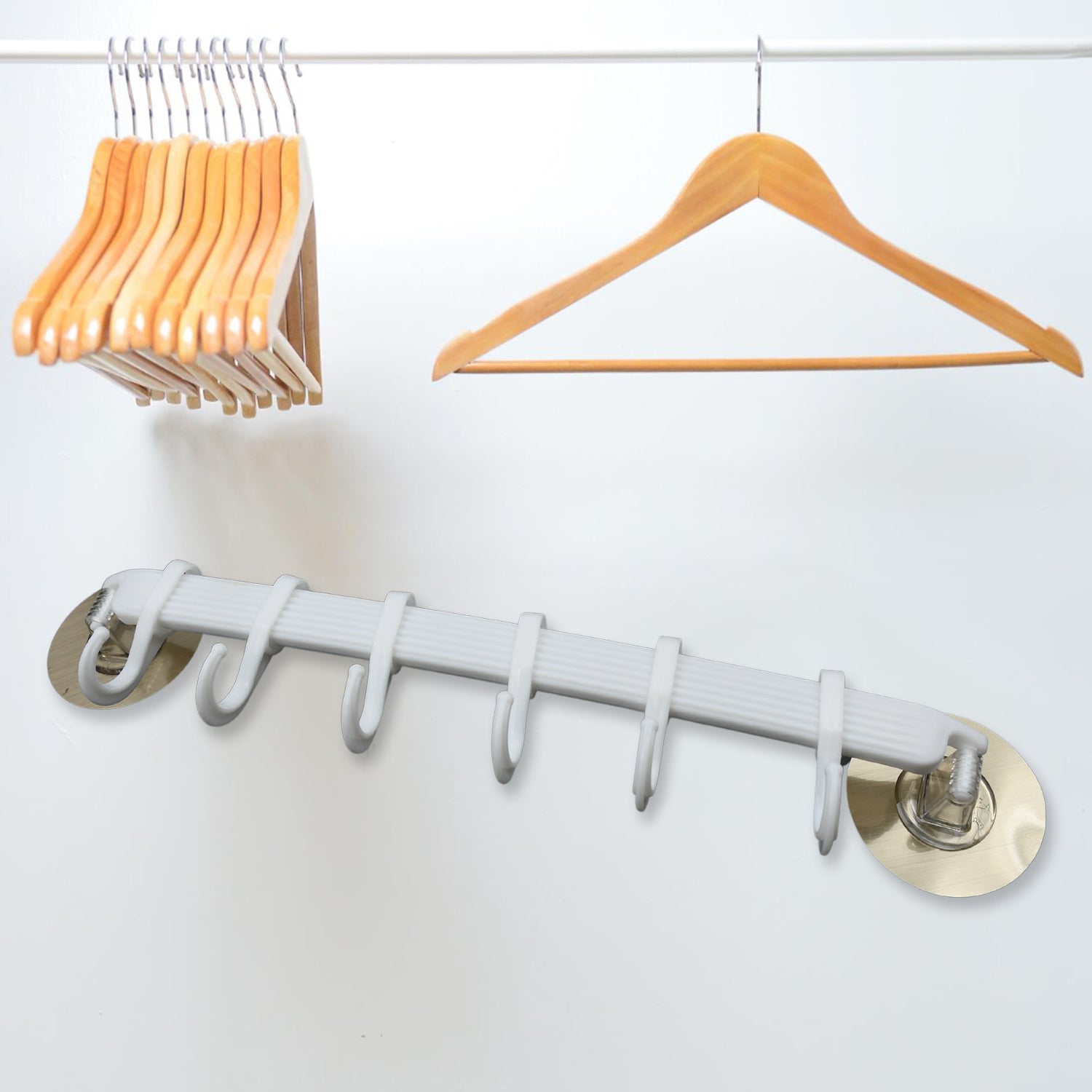 Wukusy wall-mounted bath towel hanger with shelf and hooks, ideal for bathroom or kitchen towel organization and hanging.