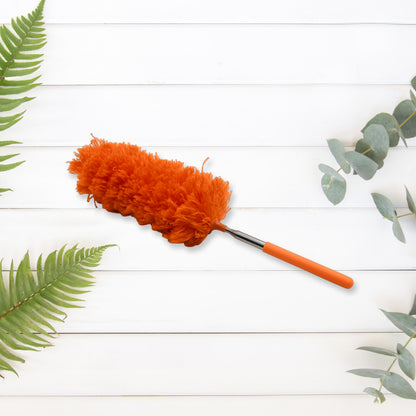 Wukusy adjustable microfiber duster with long handle for cleaning cars, office, and home surfaces; washable and extendable.