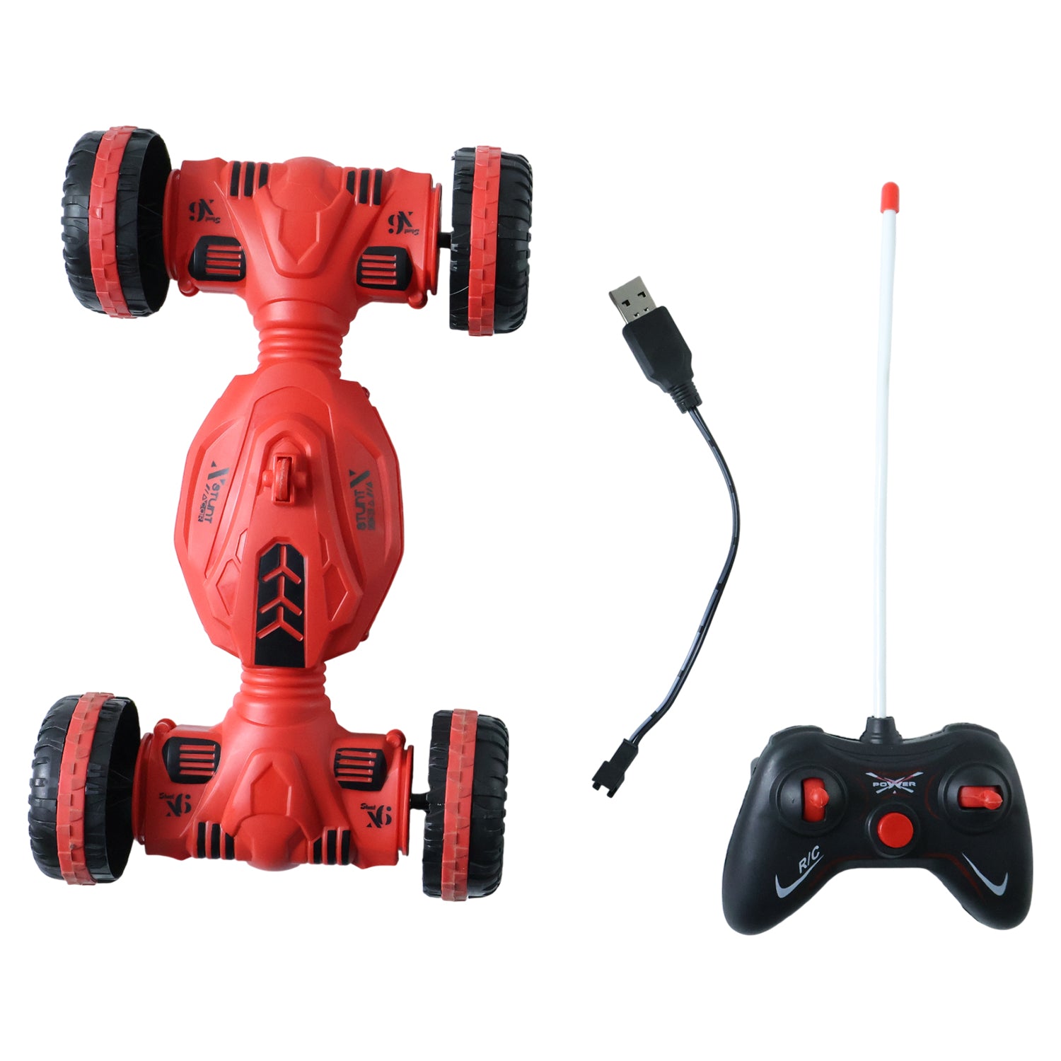 Wukusy remote control stunt car in black and red with one-key deformation, showcasing its stunt and transformation features.