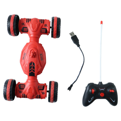 Wukusy remote control stunt car in black and red with one-key deformation, showcasing its stunt and transformation features.