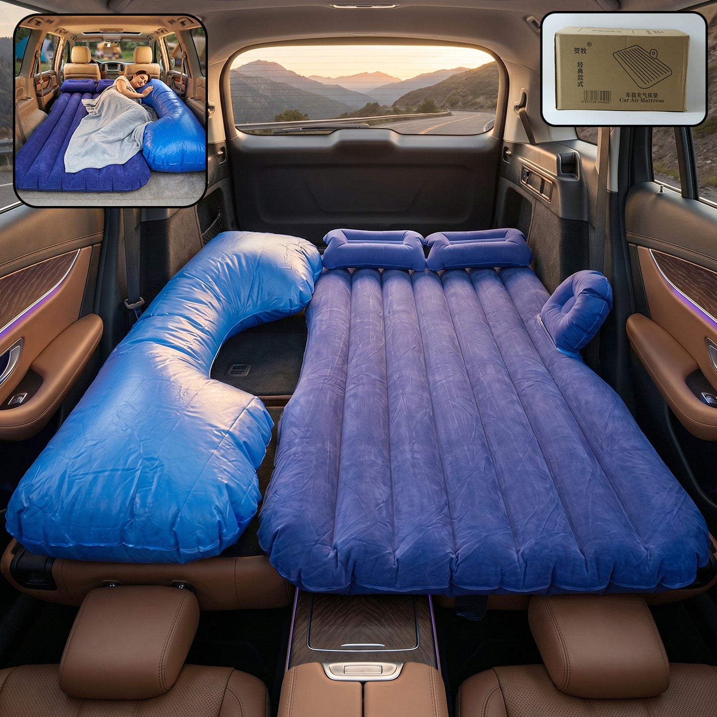 Blue Wukusy portable car air mattress bed set with pump and pillows, fully inflated and ready for use in a vehicle.