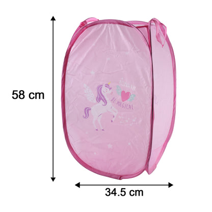 Foldable kids laundry basket with unicorn design from Wukusy, 36x36x58 cm, featuring colorful unicorn print and handles for easy carrying.