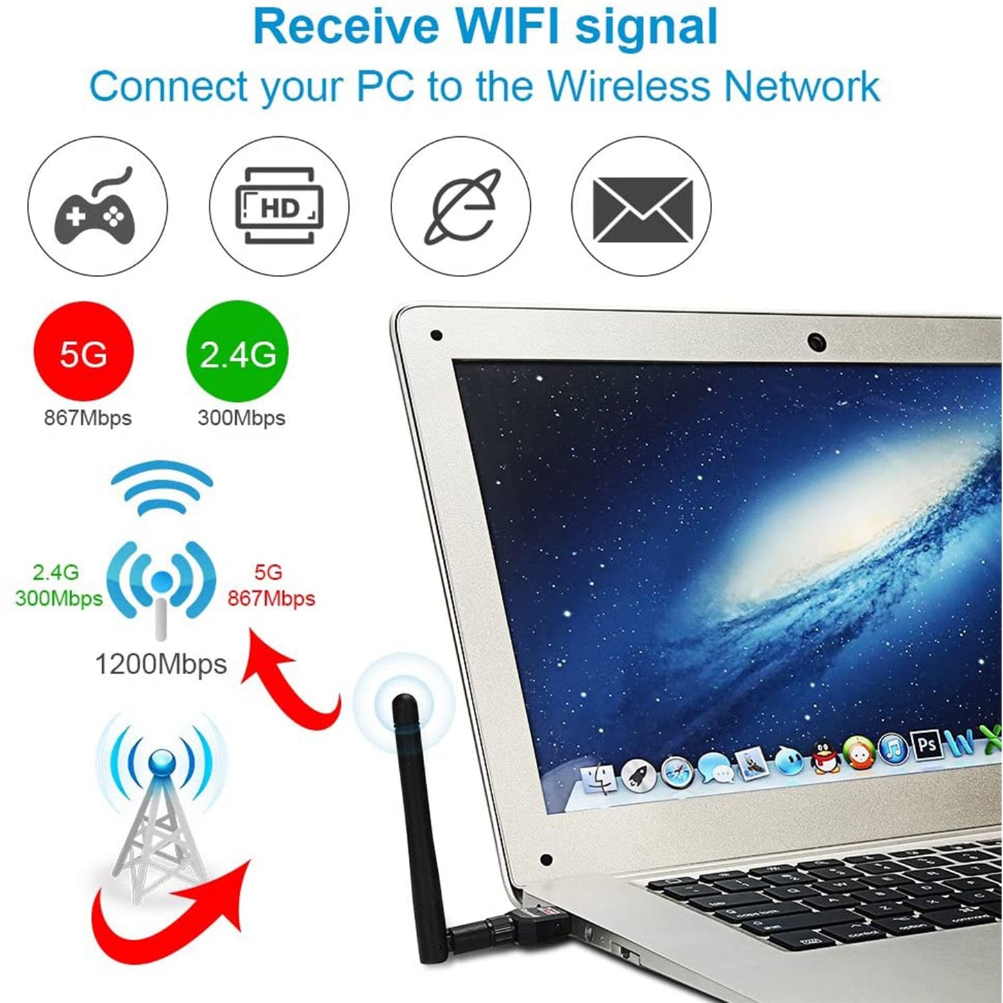 Wukusy USB WiFi receiver for household and office use, providing reliable internet connectivity for various devices.