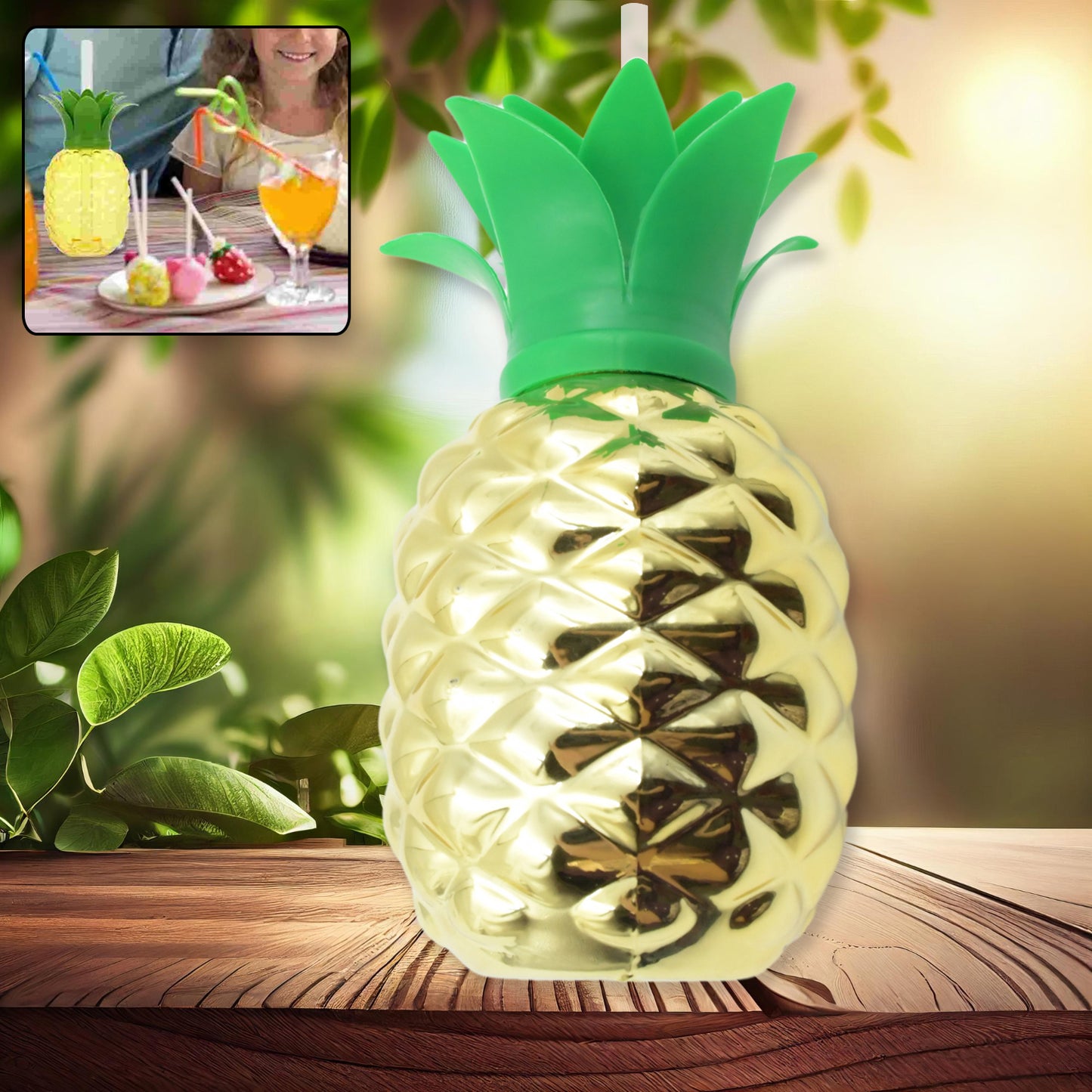 Wukusy plastic pineapple cup with straw, ideal for summer Hawaiian and beach party favors, shown with brown box packaging.