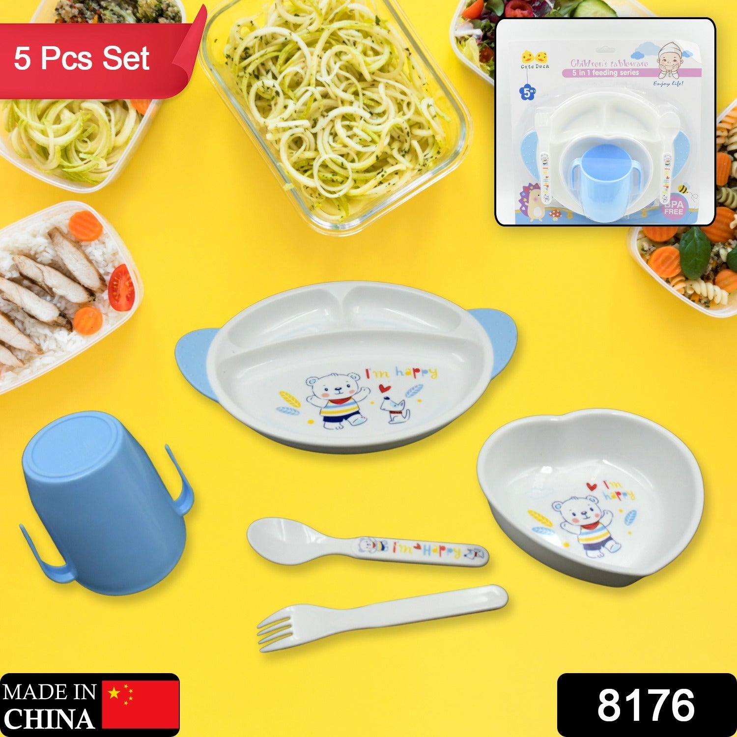 Wukusy 5-in-1 baby feeding set with cartoon design plates, cups, spoon, and fork for kids and toddlers, dishwasher safe.
