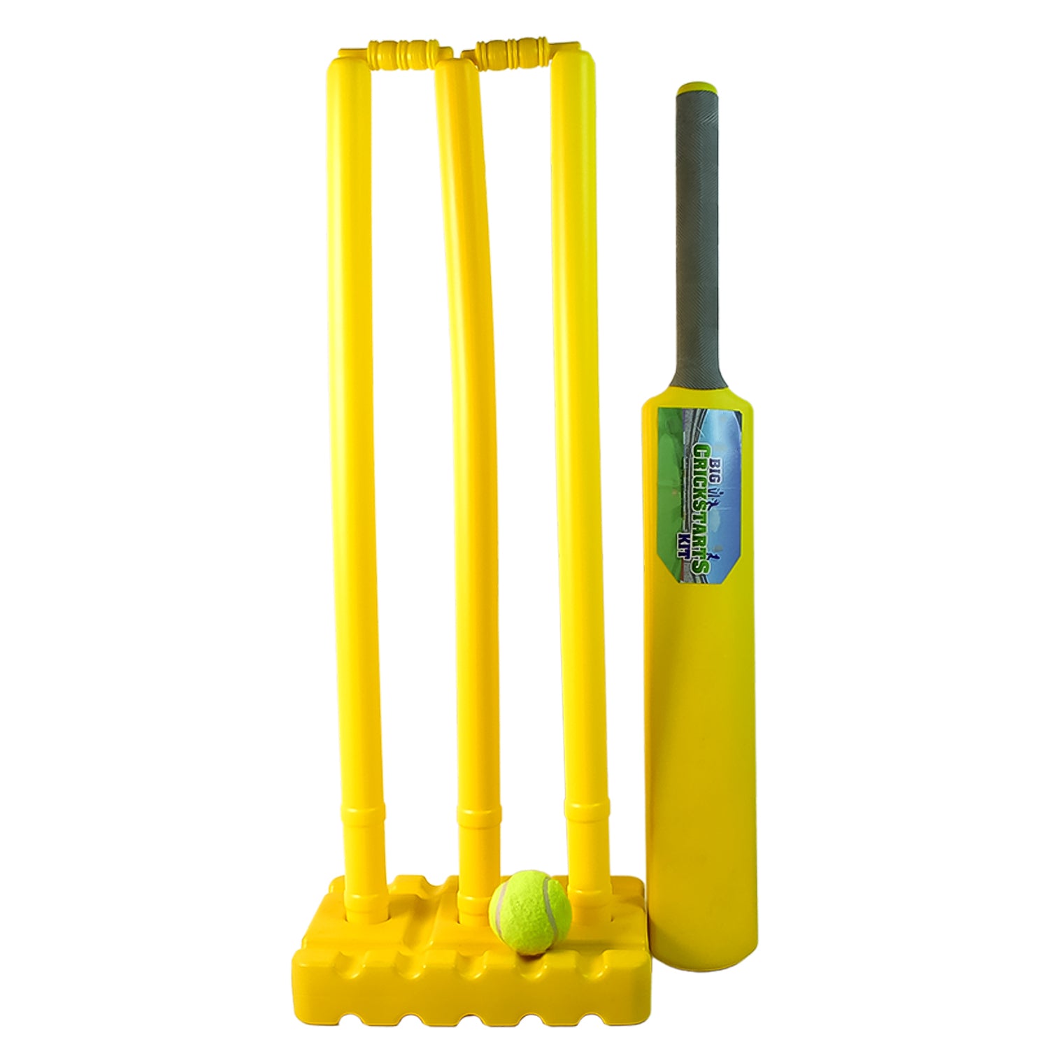 Wukusy big cricket kit includes cricket bat, rubber ball, bails, three stumps with stand base for outdoor cricket play.