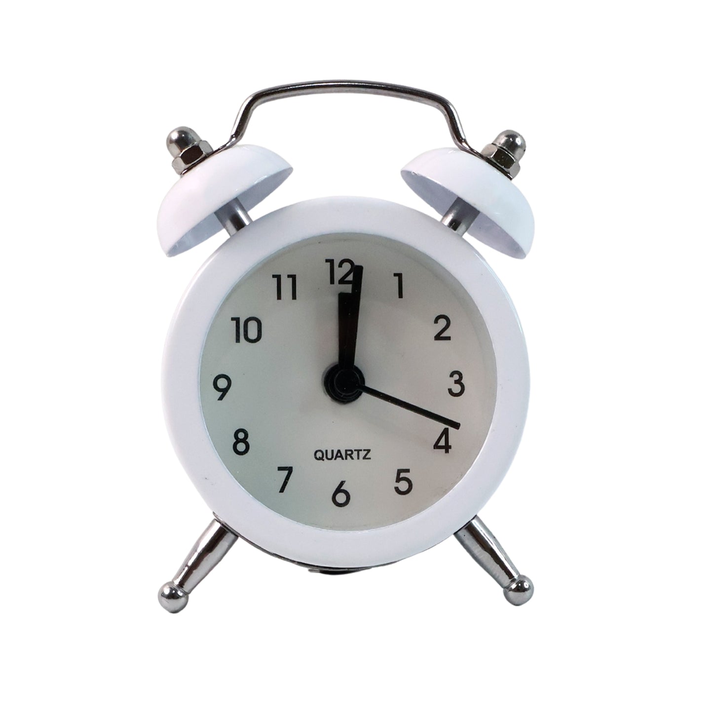 Wukusy small twin-bell analog alarm clock with white face and black numbers on a wooden bedside table.