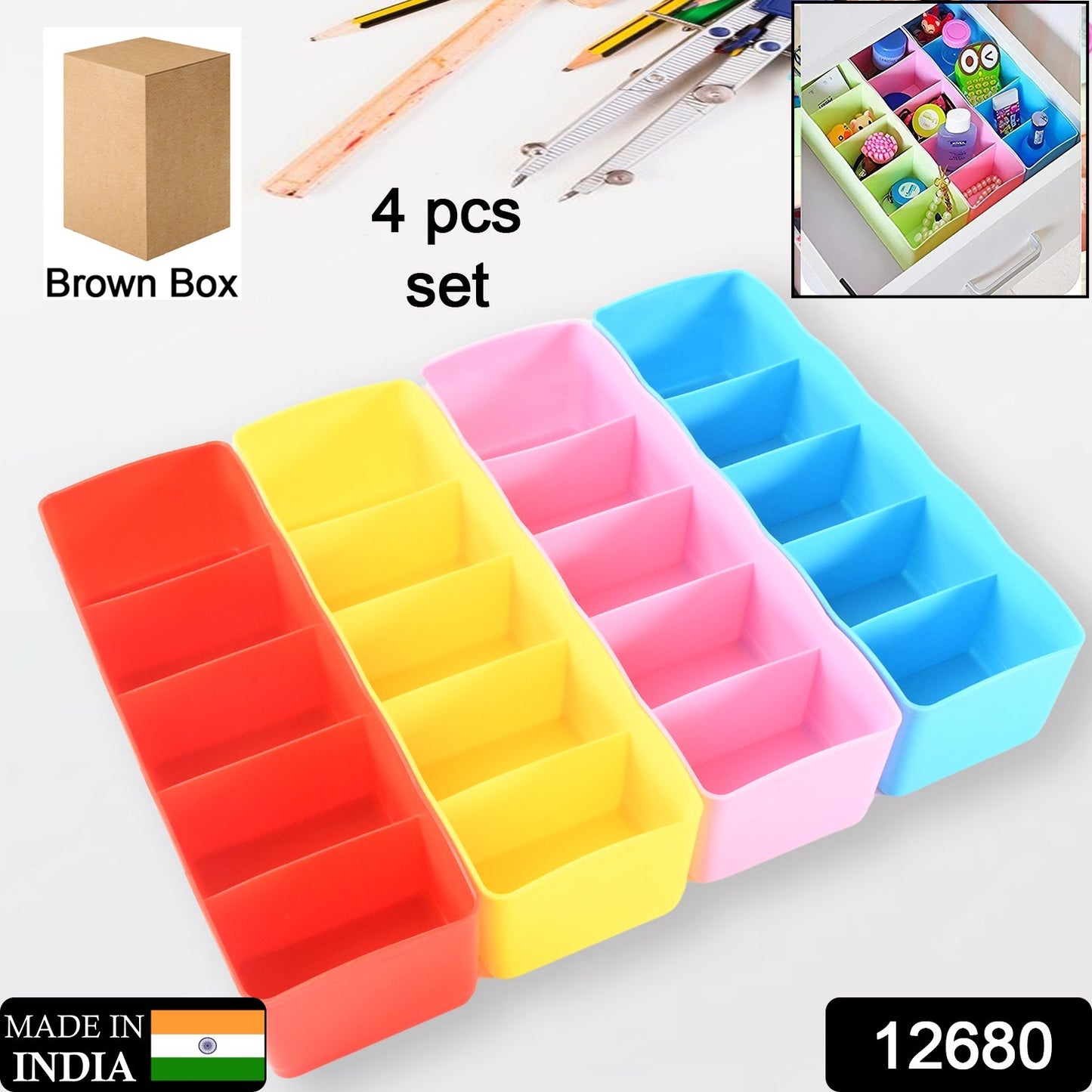 Wukusy multi-function desktop drawer storage box set with five grid compartments for organizing underwear, socks, ties, and accessories.