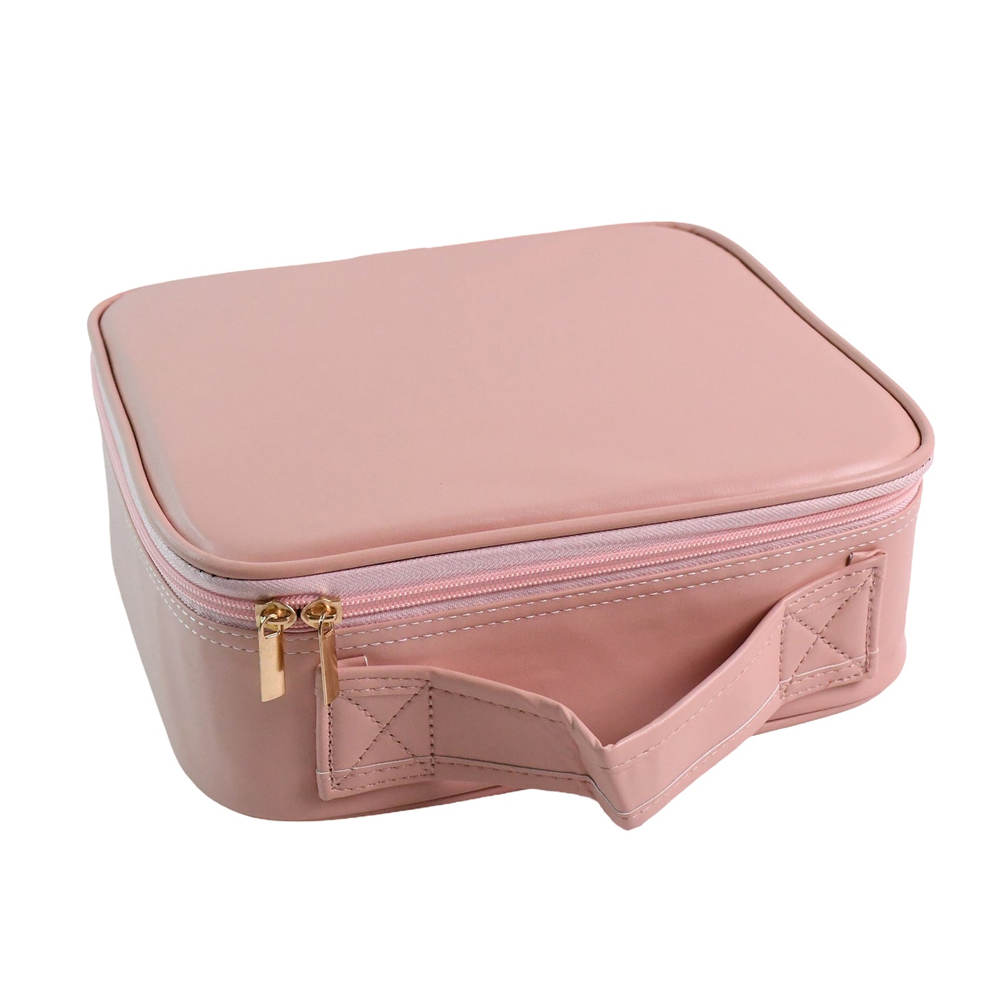 Pink Wukusy LED makeup organizer box with built-in lights, designed for storing cosmetics and beauty tools.