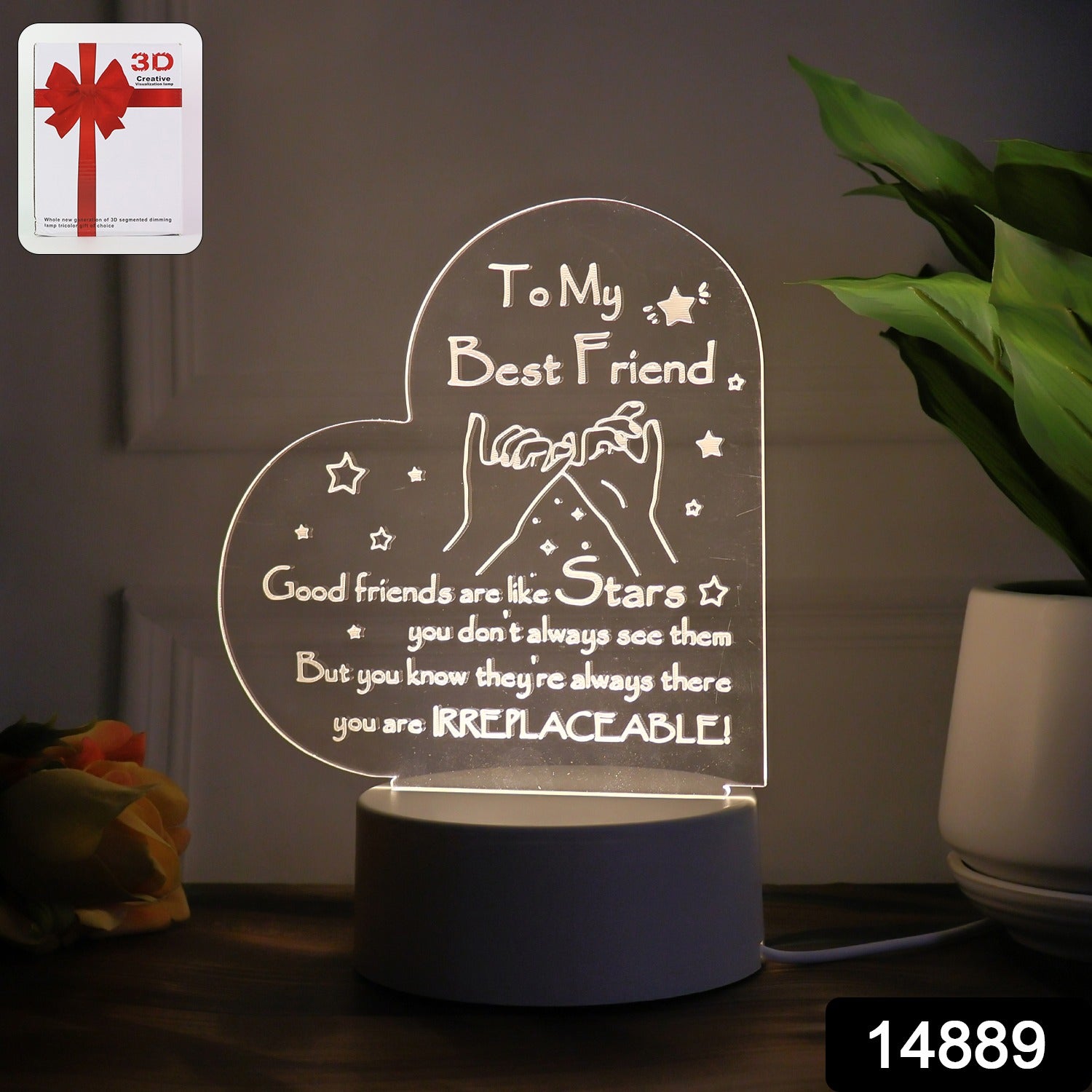 Heart-shaped 3D LED acrylic night lamp by Wukusy, perfect for home decor, illuminating with a soft, warm glow.