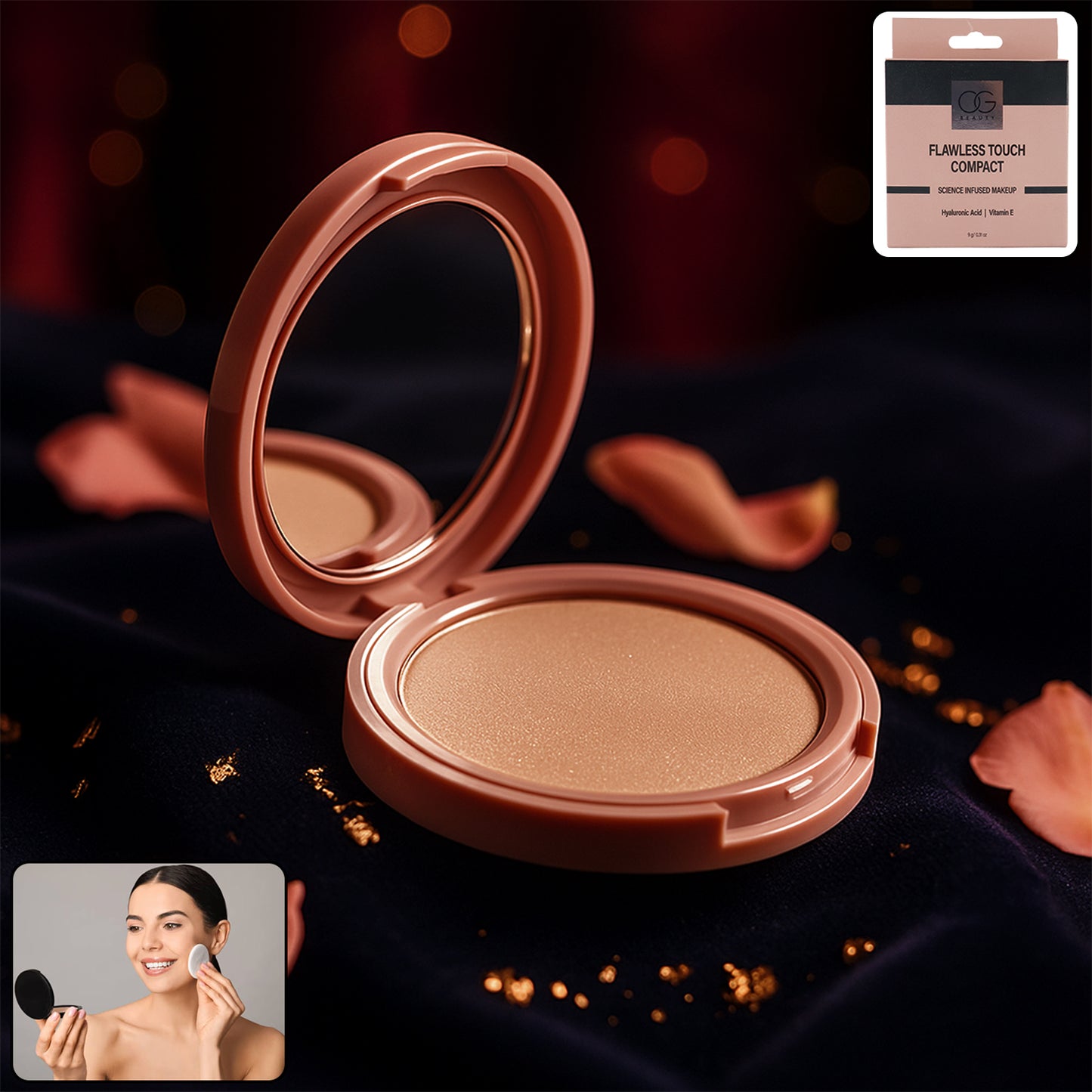 Wukusy Og Beauty Hazelnut Flawless Touch Compact Powder in 9g, showcasing the compact with open lid and pressed powder inside.