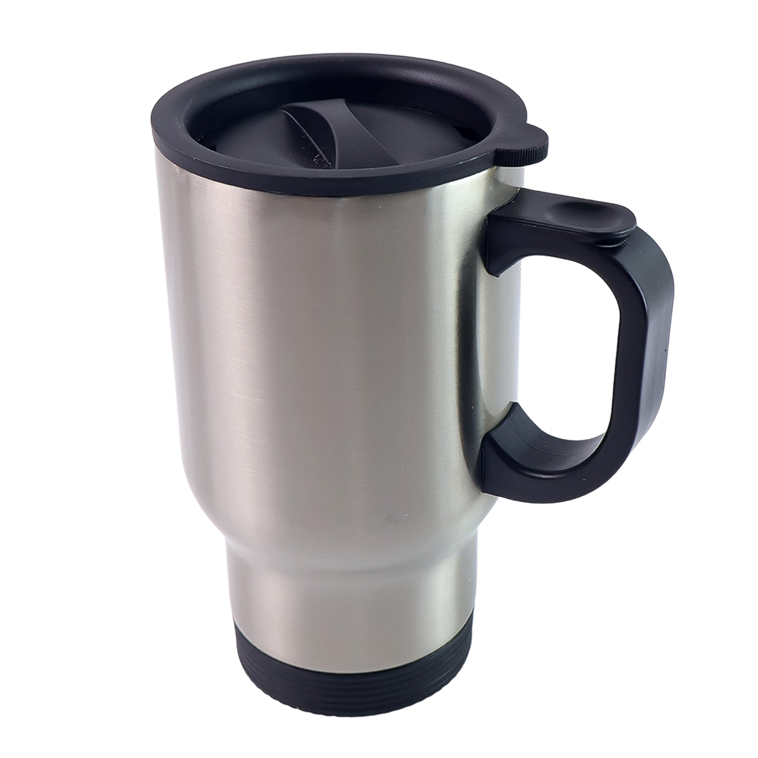 Stainless steel vacuum insulated coffee cup with lid and handle by Wukusy, featuring a sleek, double-wall design for hot beverages.