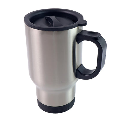 Stainless steel vacuum insulated coffee cup with lid and handle by Wukusy, featuring a sleek, double-wall design for hot beverages.