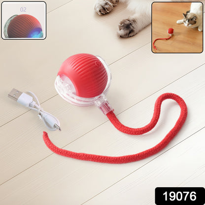 Rechargeable interactive cat toy ball with LED light, detachable braided tail, by Wukusy, designed to excite and entertain cats.