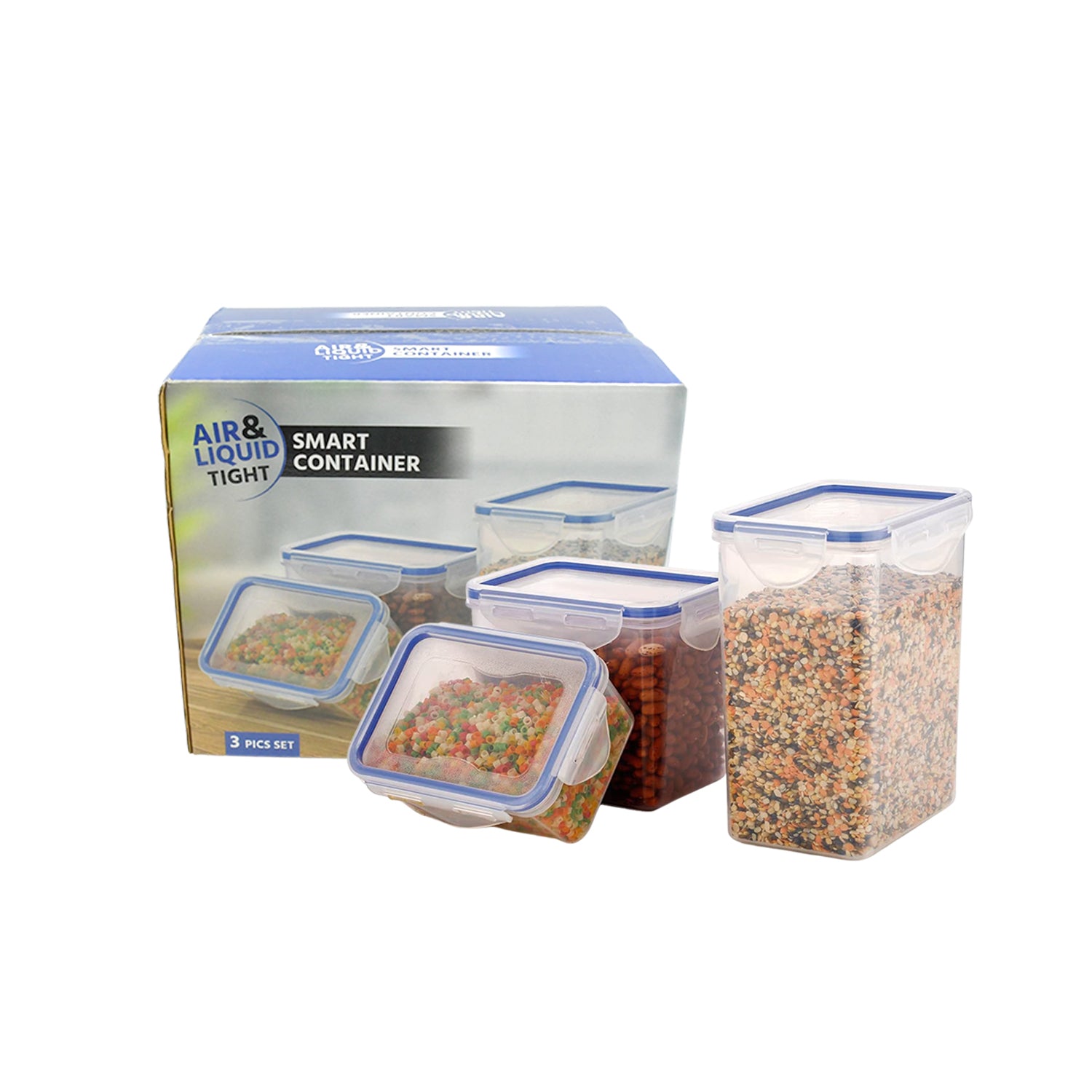 Set of three Wukusy 5800 Classics rectangular plastic food storage containers with leak-proof lids, transparent 500ml, 1000ml, and 1500ml capacities.