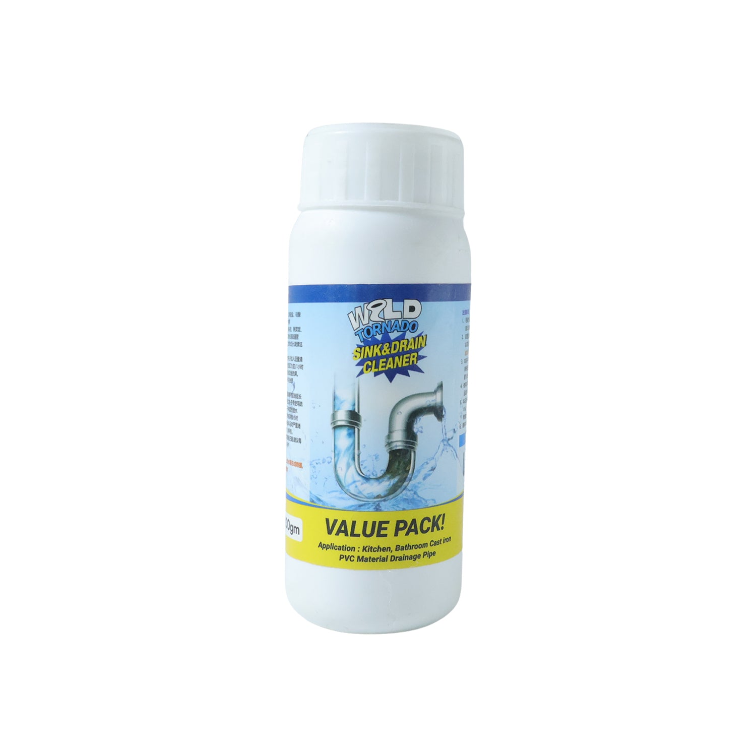 Wukusy sink and drain cleaner powder in a 200g package, showing the box with product details and cleaning ingredients.