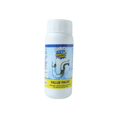 Wukusy sink and drain cleaner powder in a 200g package, showing the box with product details and cleaning ingredients.