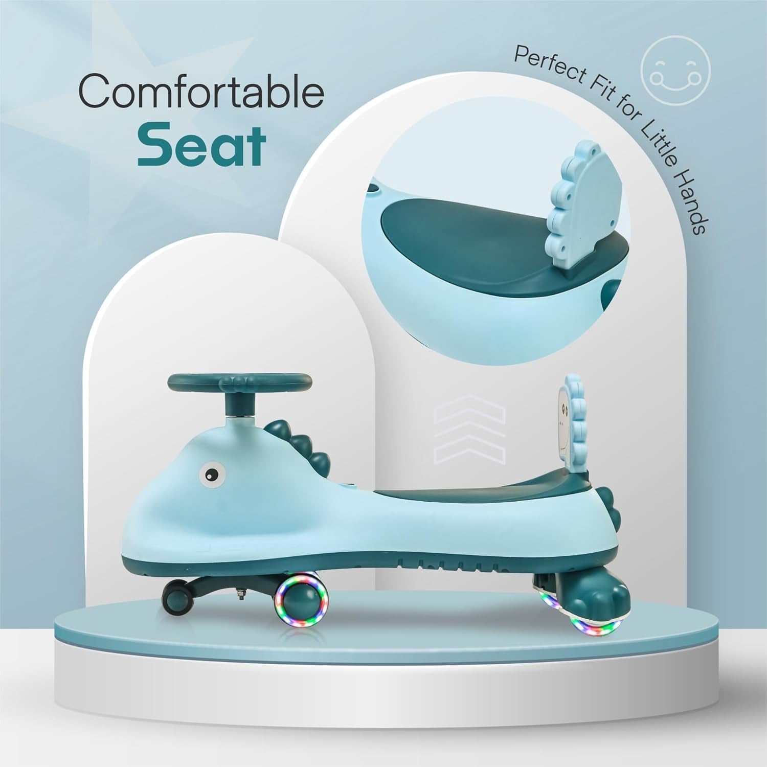 Blue shark design kids swing car ride-on toy by Wukusy with music, featuring a magic twist feature for children.