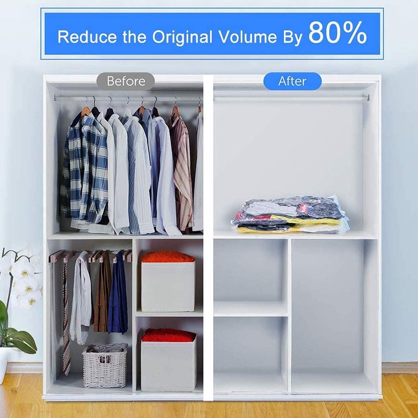 Wukusy vacuum storage bags with suction pump, shirt clips, large capacity compression bags for travel clothes, blankets, and pillows.