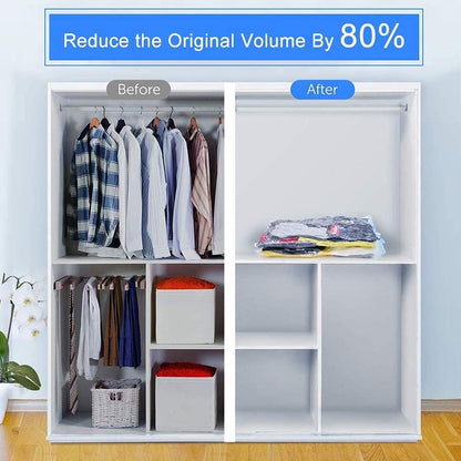 Wukusy vacuum storage bags with suction pump, shirt clips, large capacity compression bags for travel clothes, blankets, and pillows.