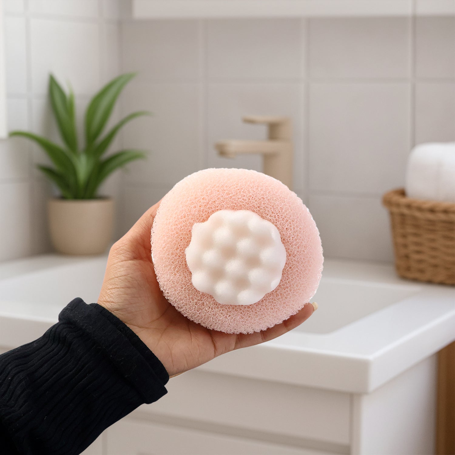 Wukusy premium soft exfoliating round bath scrubber for gentle skin cleansing and exfoliation in the shower.