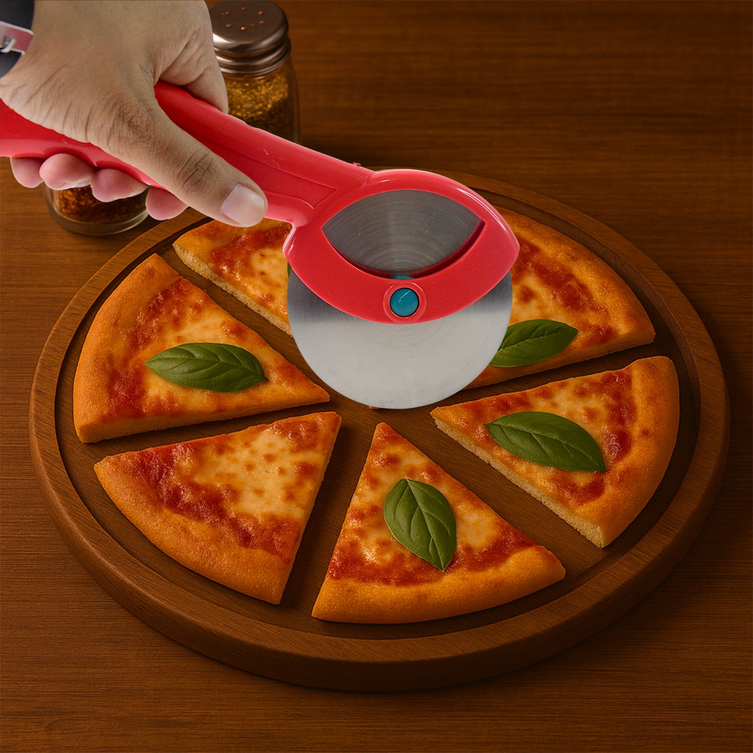 Wukusy Suppermom stainless steel pizza cutter with ergonomic handle, perfect for home kitchen pizza slicing.