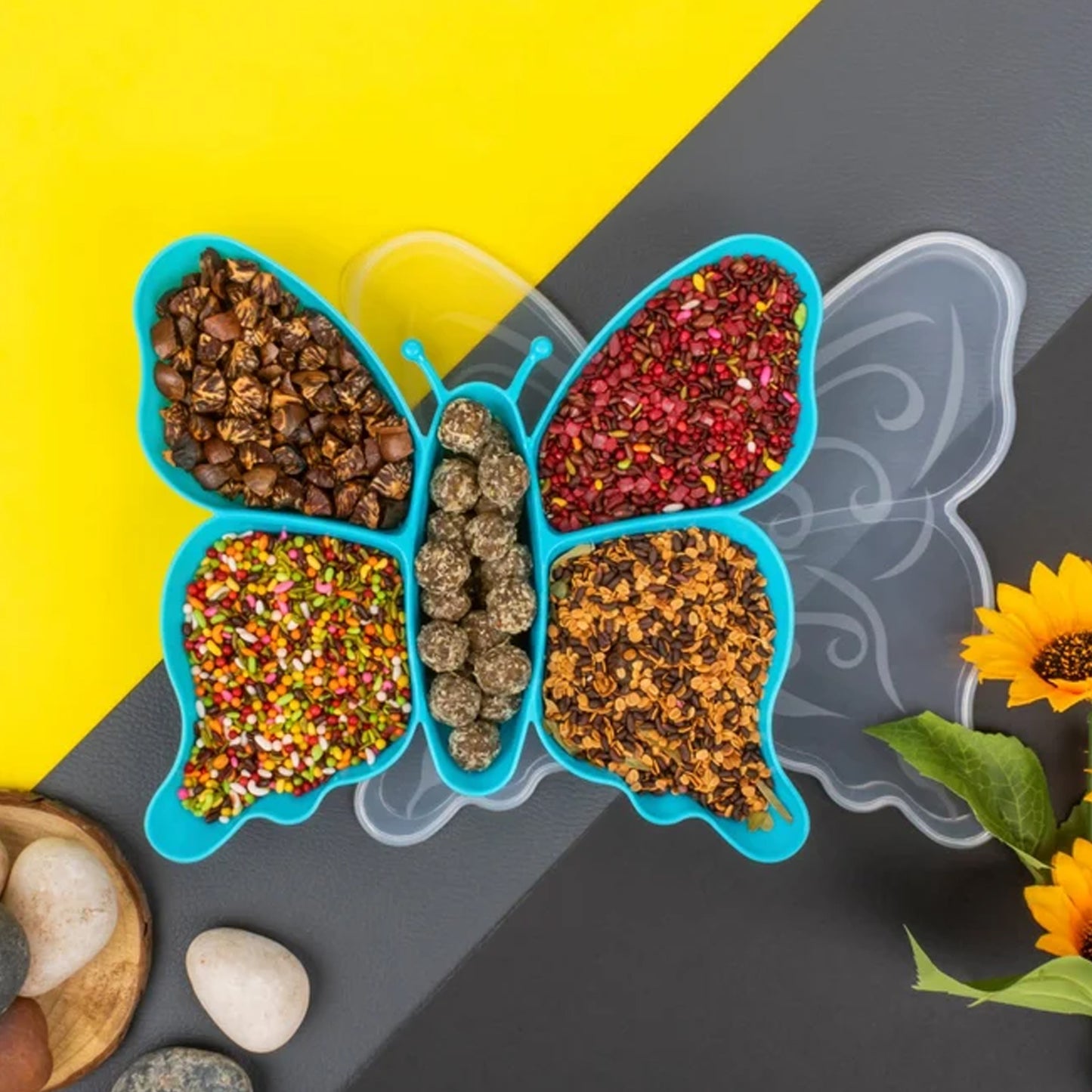 Wukusy 5-compartment butterfly plastic tray for home and kitchen storage, featuring five separate sections for organizing small items.