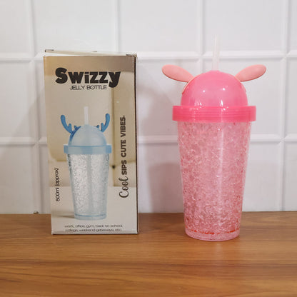 Wukusy cute bunny ear design 500ml tumbler sipper bottle with pink and white color, featuring bunny ear-shaped lid and clear body.