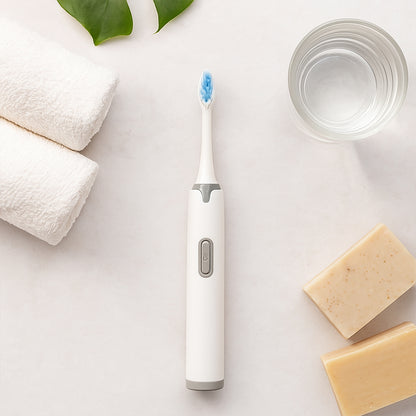 Electric toothbrush by Wukusy with battery operation, showing a sleek design and brush head for effective oral cleaning.