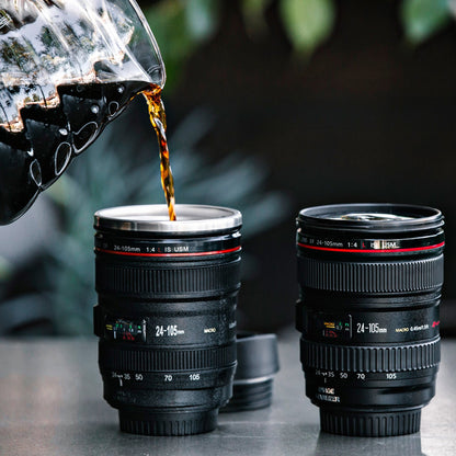 Wukusy stainless steel coffee mug resembling a camera lens, durable plastic exterior, perfect for kitchen use.