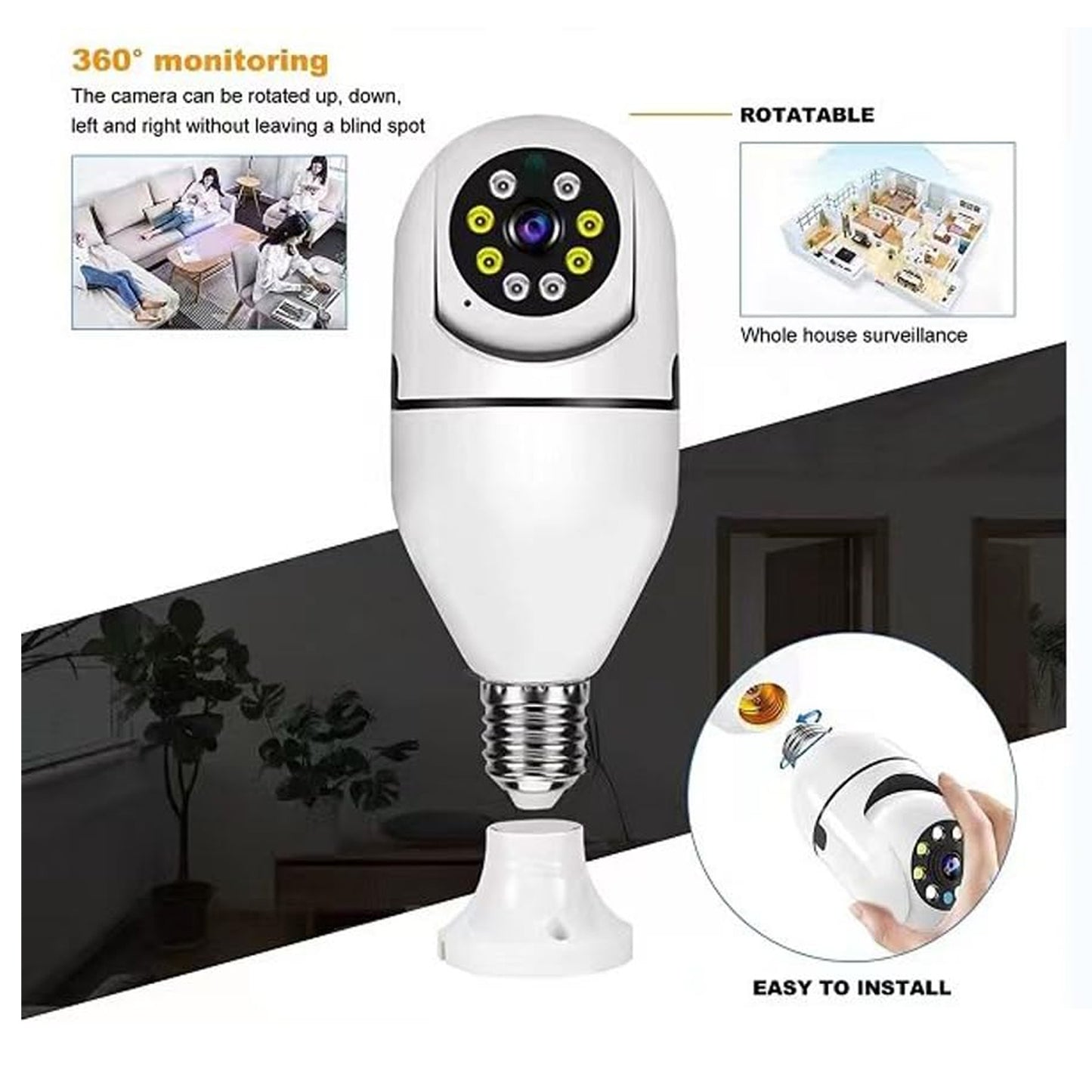Wukusy V380 Pro fisheye 360° wireless WiFi IP security camera for office surveillance, showing the camera mounted on a wall.