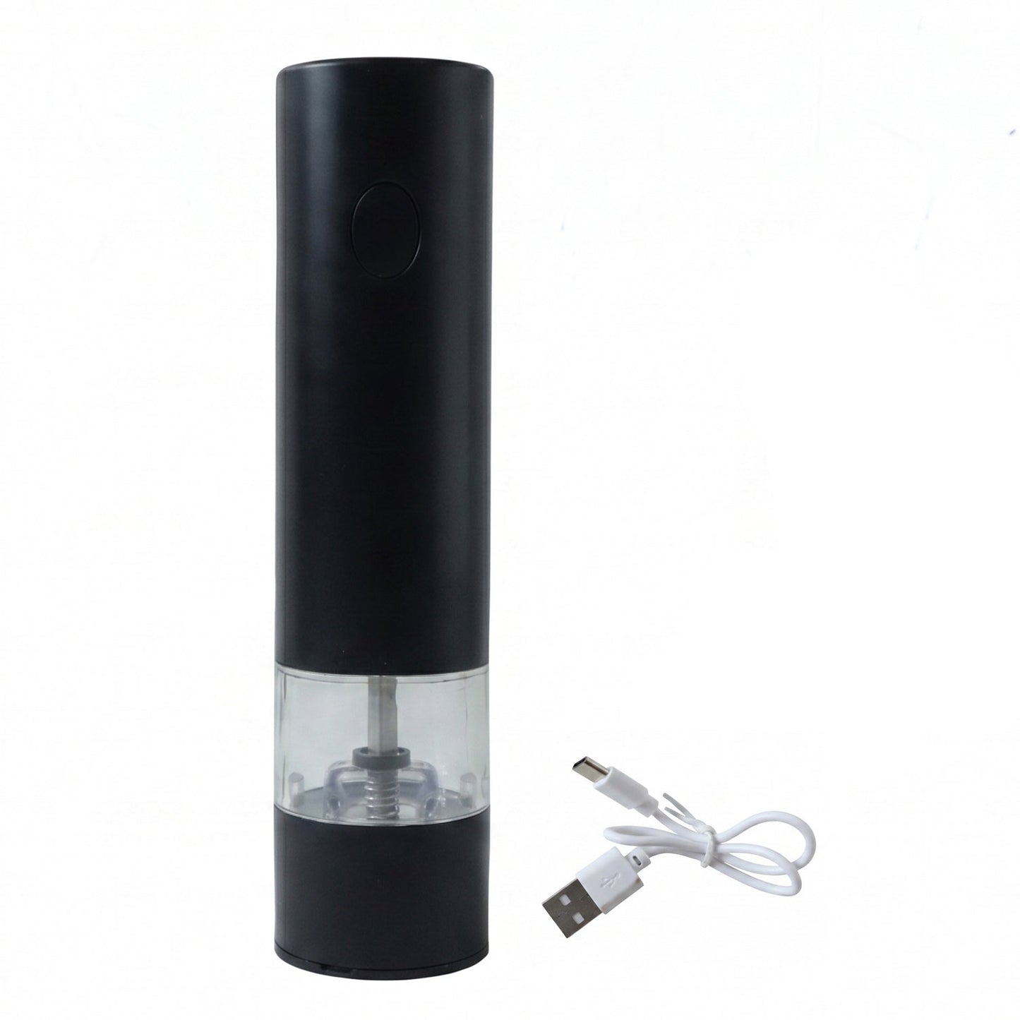 Wukusy electric pepper grinder with USB rechargeable design and one-touch operation, showing the sleek black grinder in use.