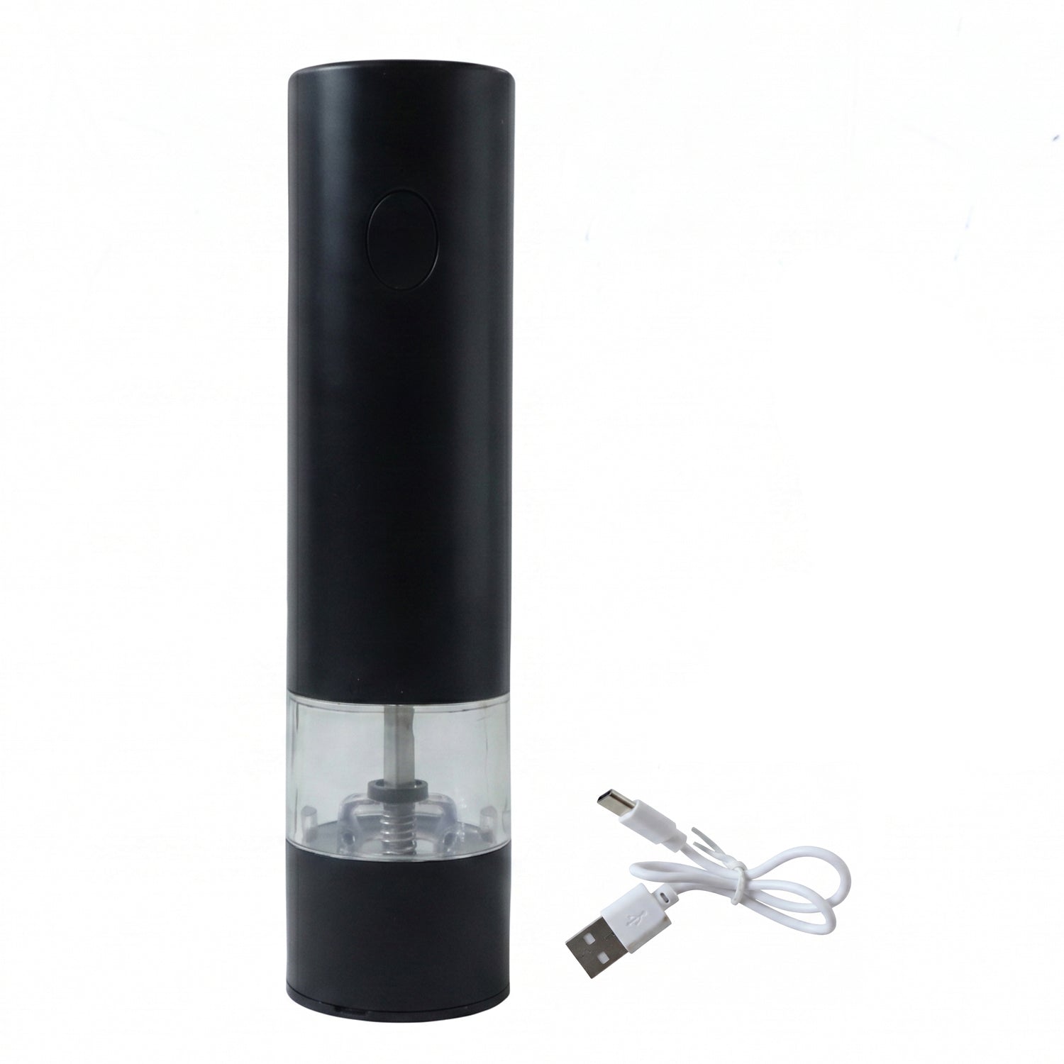 Wukusy electric pepper grinder with USB rechargeable design and one-touch operation, showing the sleek black grinder in use.