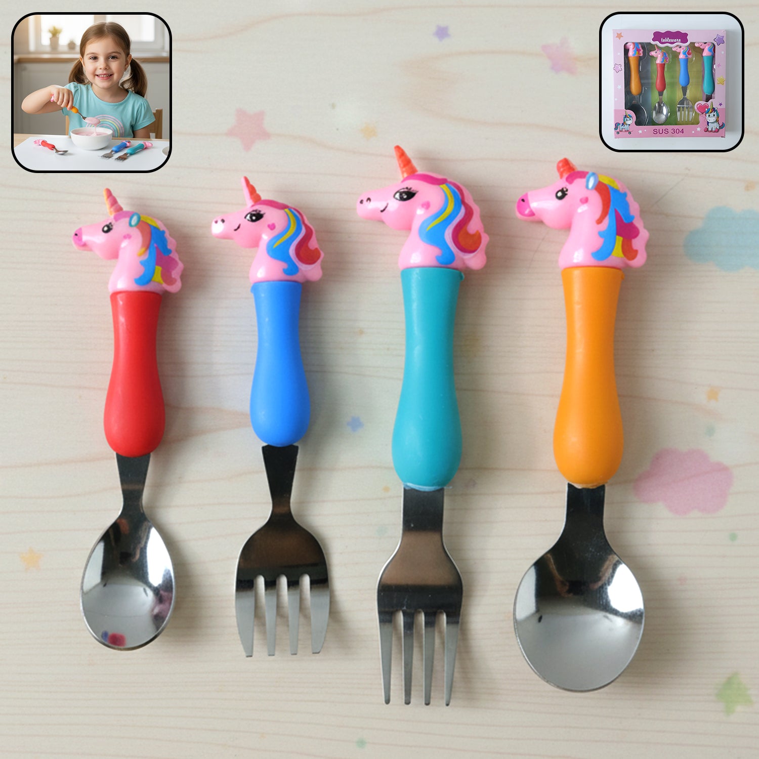 Wukusy unicorn-themed kids spoon and fork set with colorful plastic handles, includes four pieces for children’s mealtime.