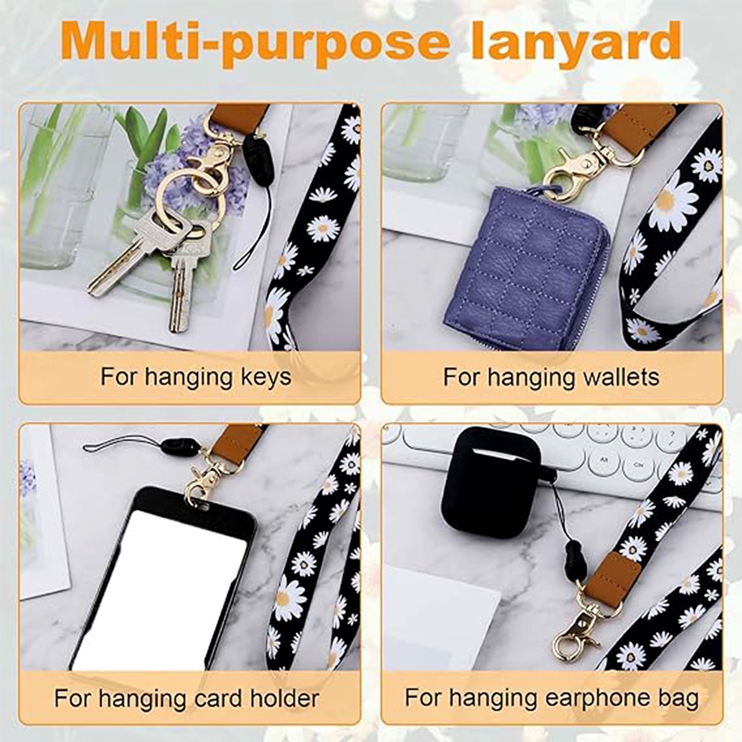 Wukusy floral print neck lanyard strap with clip hook, ideal for office use, featuring colorful floral design and secure fastening.