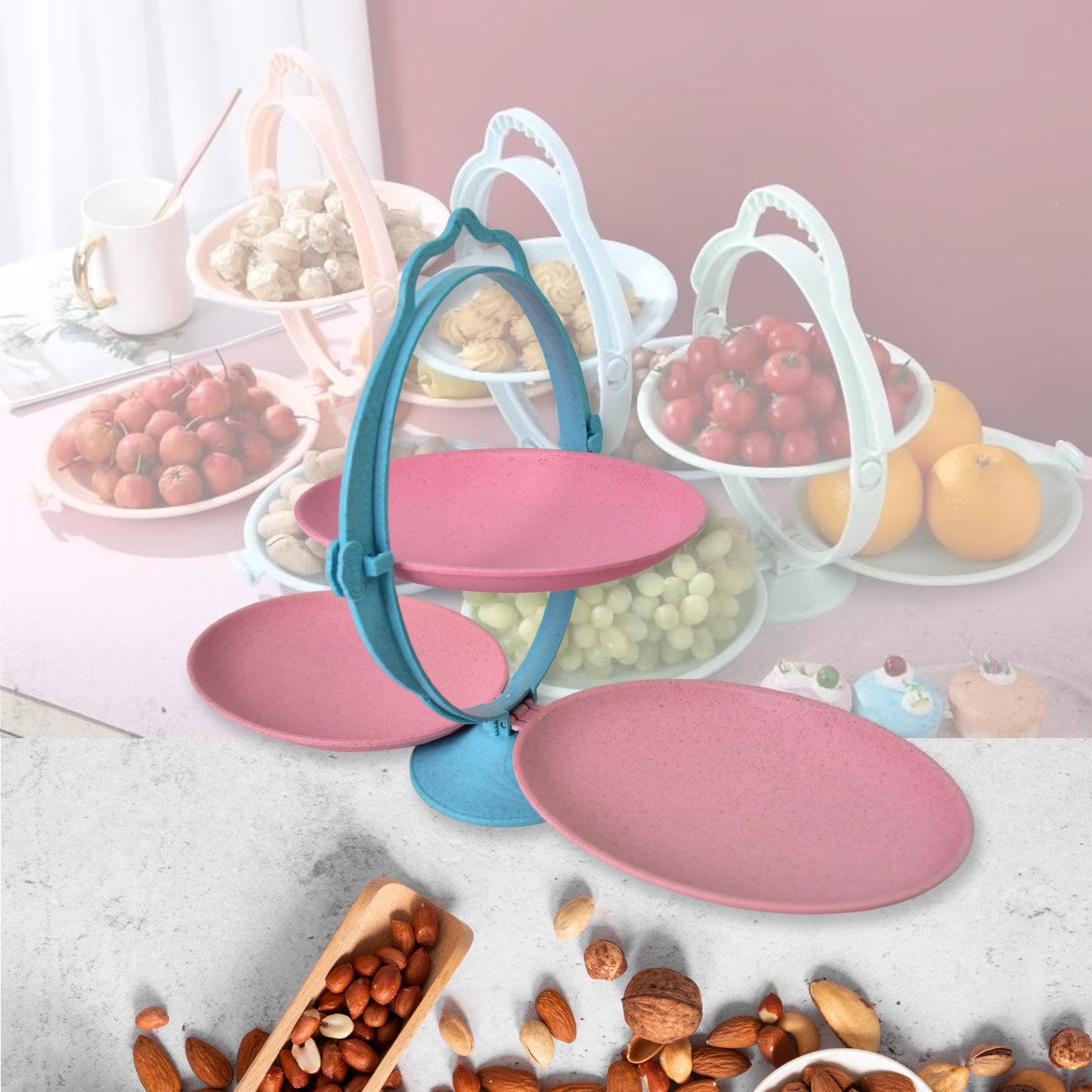 Foldable Wukusy fruit plate and candy dish with mirror shape, versatile dried fruit tray, in a home and kitchen setting.